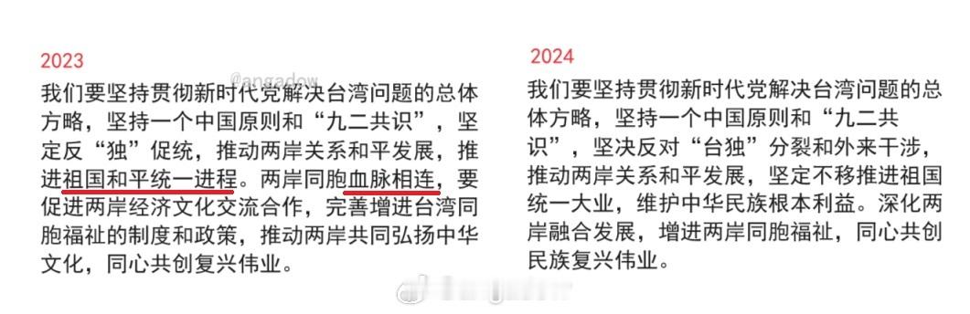 和去年相比，今年的报告未提“和平统一”，也没有提及两岸血脉相连、共同弘扬中华文化