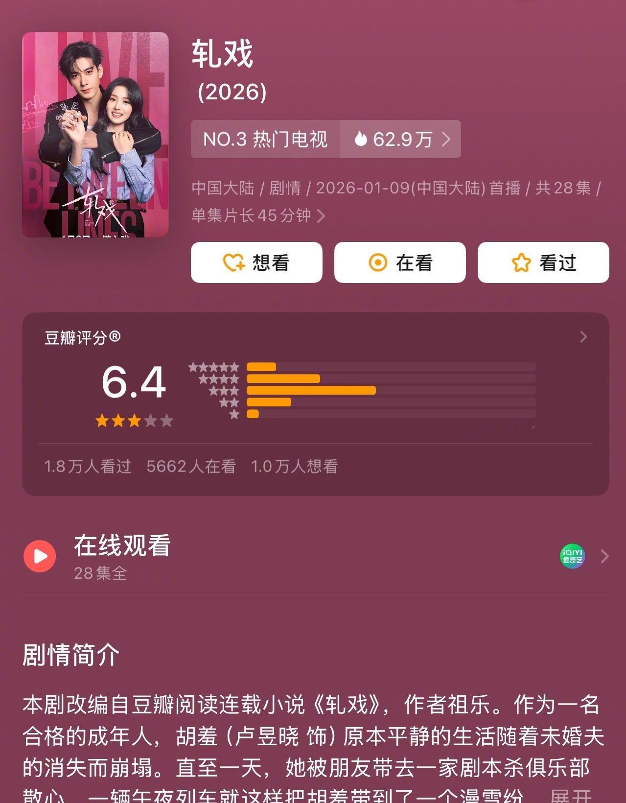 陈星旭卢昱晓代旭《轧戏》豆瓣开分6.4！这剧火了代旭！你们觉得分高了还是低了？ 