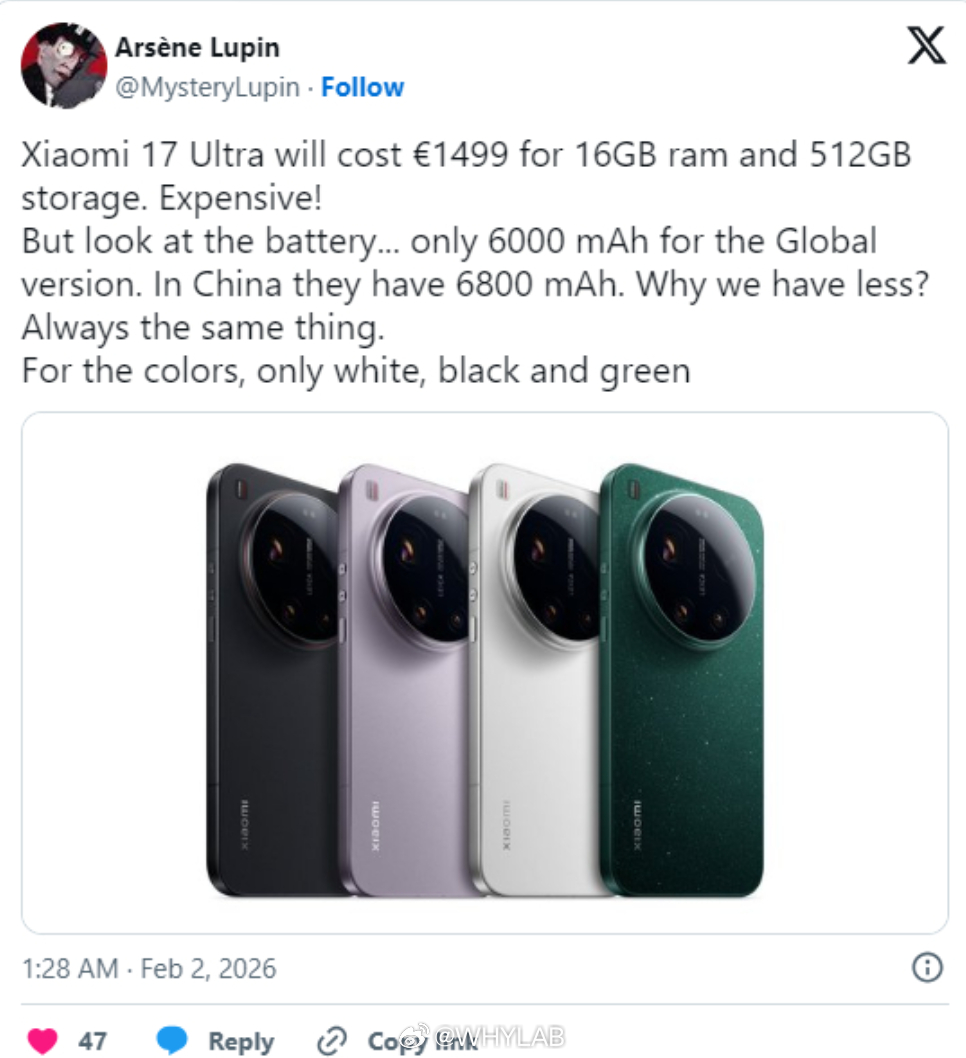 小米 17 Ultra 海外售价曝光，16+512GB 版本 1499 欧元，折