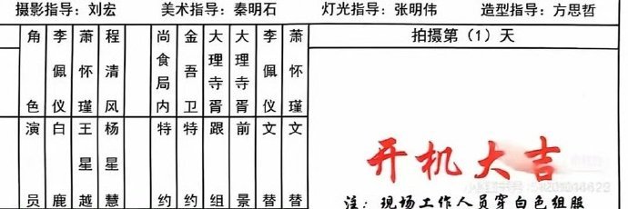 唐宫奇案开机通告单  白鹿王星越四搭新剧开机  白鹿王星越新剧唐宫奇案开机通告单
