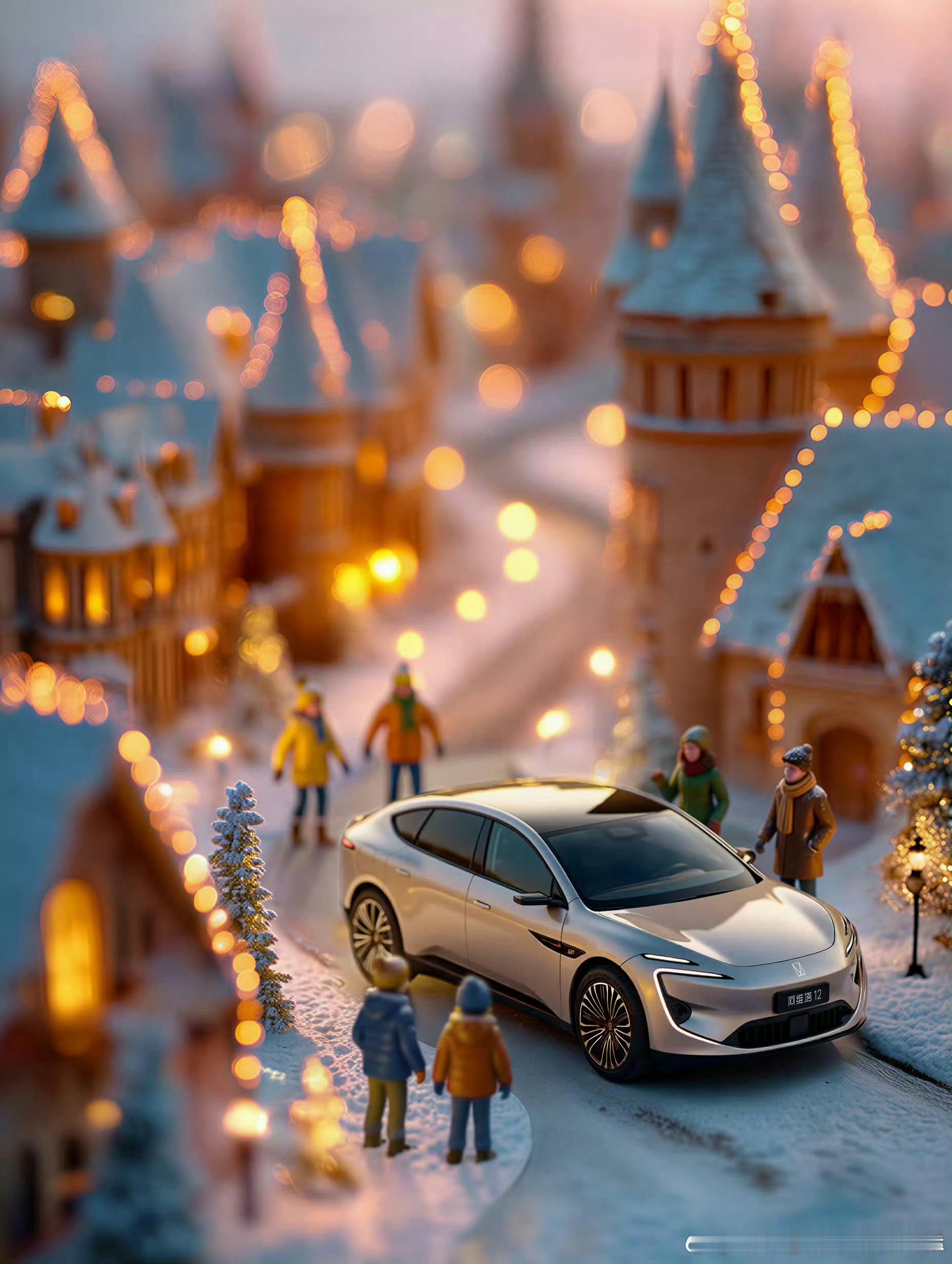 雪落的童话小镇里，阿维塔 12 载着冬日的温柔缓缓驶来，暖黄灯光揉碎了寒意，每一