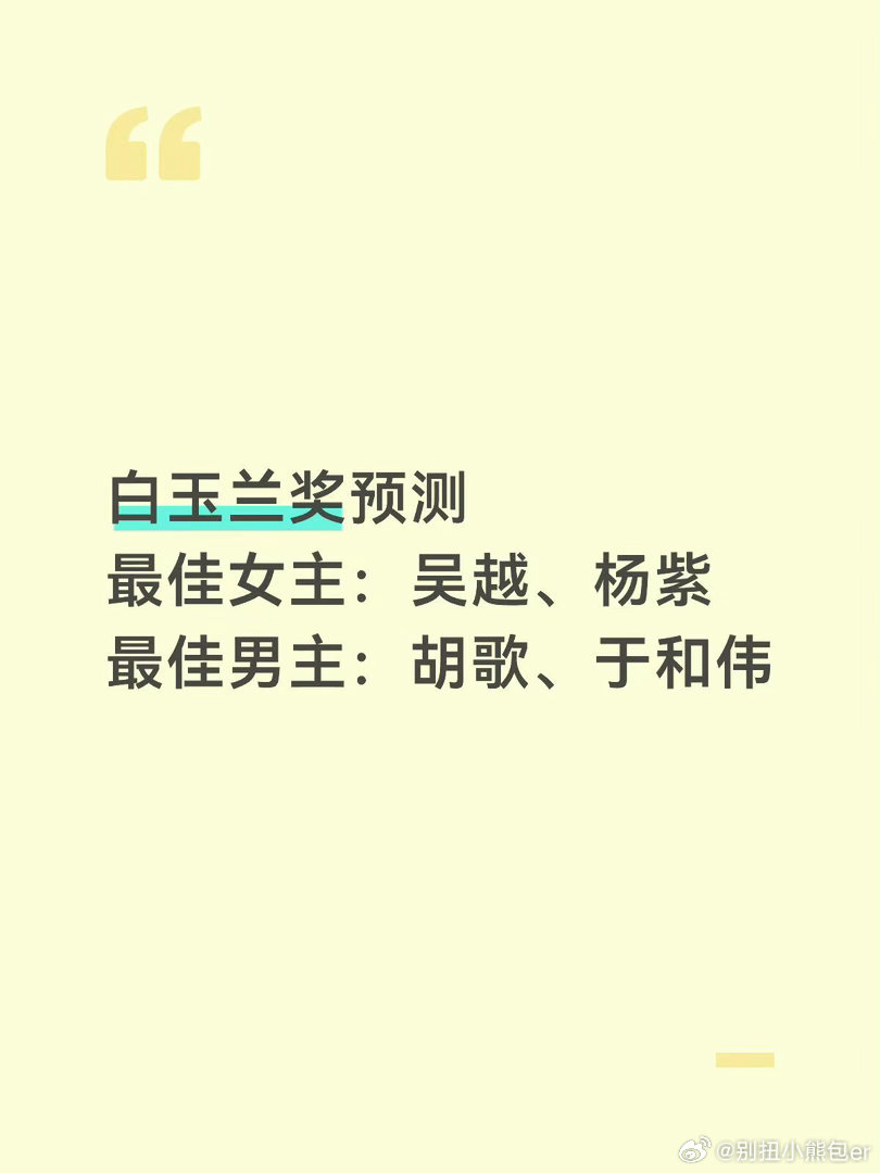 白玉兰奖预测最佳女主：吴越、杨紫最佳男主：胡歌、于和伟《生命树》《沉默的荣耀》是