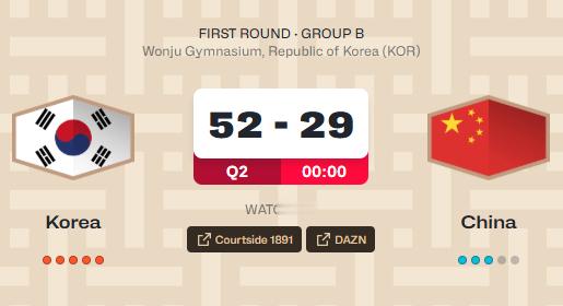 半场上一场：韩国47比34中国这一场：韩国52比29中国李贤重半场0三分，然后呢