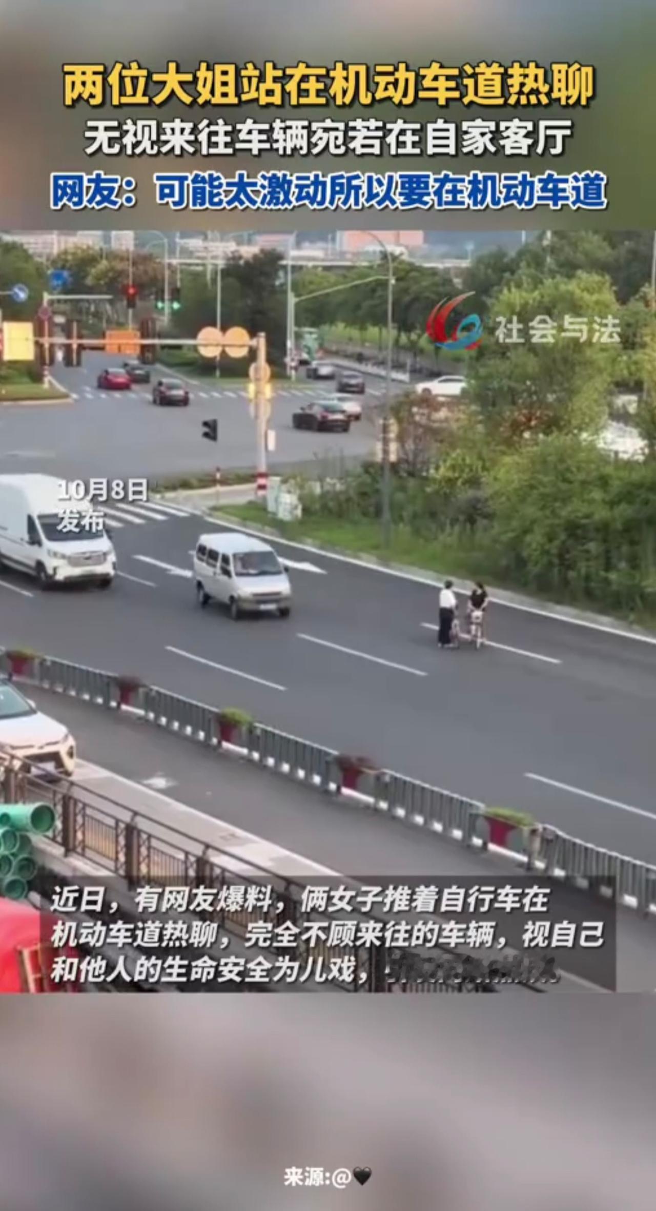两位大姐站在机动车道热聊，无视来往车辆宛若在自家客厅