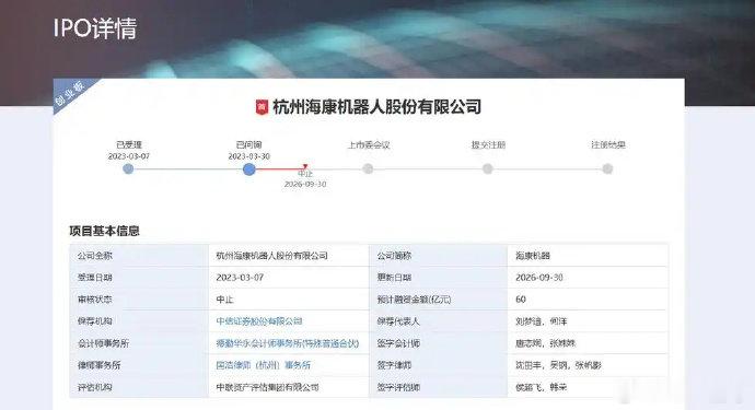 【冲刺上市5年海康机器人IPO再被中止】海康机器人IPO再度中止近日，杭州海康机