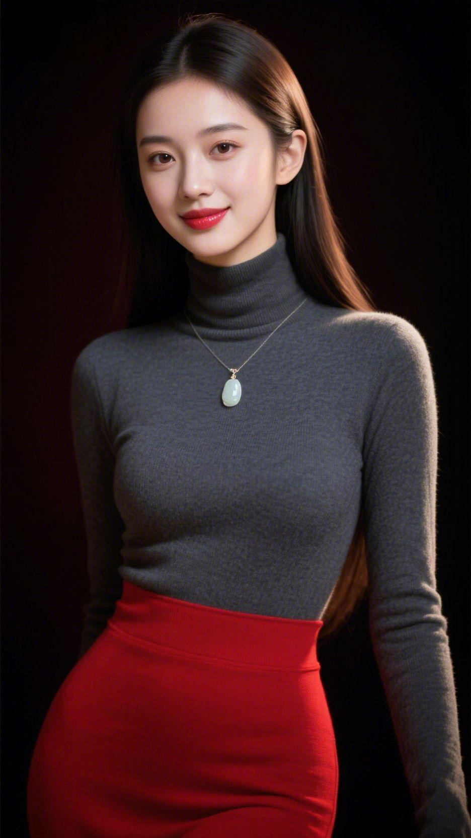 《墨衫裹玉柔》
 
暗调背景里，浅光落在她的墨灰高领衫上，漫开了温雅的软——颈间