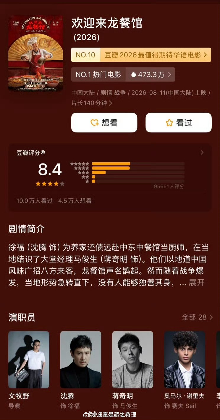 暑假档电影沈腾《欢迎来龙餐馆》豆瓣开分8.4分，这个分真不错了 