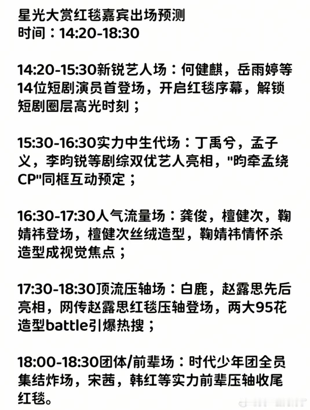 星光大赏出场顺序预测星光大赏红毯