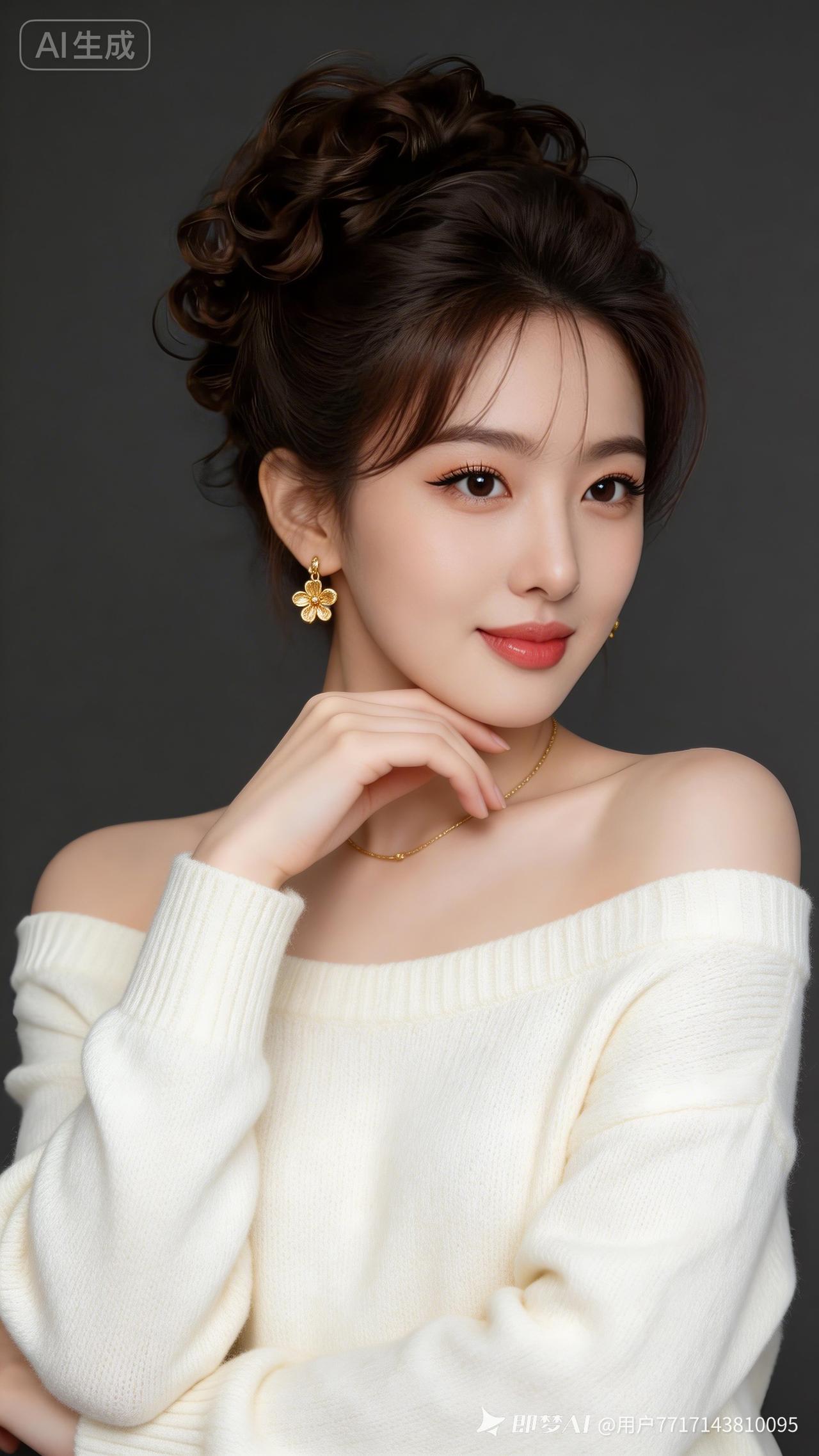 绝色佳人，浓妆精致，肤白貌美，棕色头发微乱盘起。身着米白色毛衣，手托下巴，大眼眼