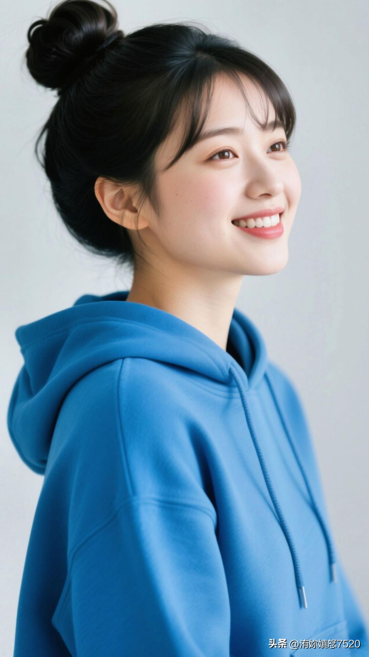 晴光为笺，蓝衫是晕开的湖泊纹，发髻驮着温柔的梦，一笑便漾满整个光阴的清冽与浪漫。