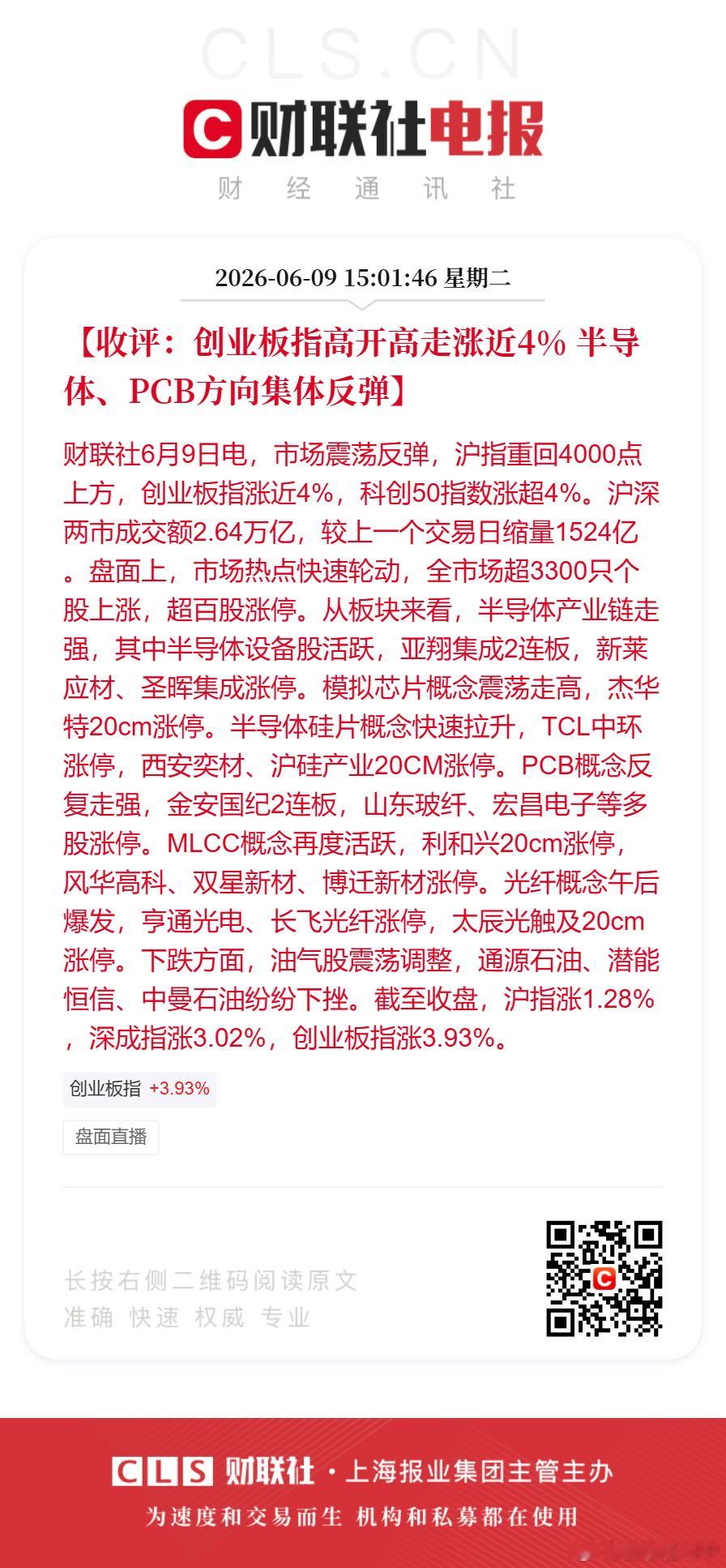 A股缩量超1500亿【收评：创业板指高开高走涨近4% 半导体、PCB方向集体反弹