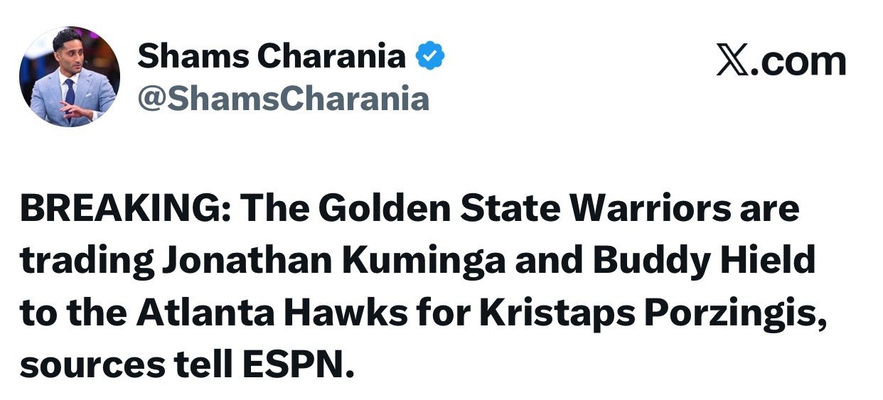 小库、8d去亚特兰大好好打球呀！shams：金州勇士队将乔纳森库明加和巴迪希尔德