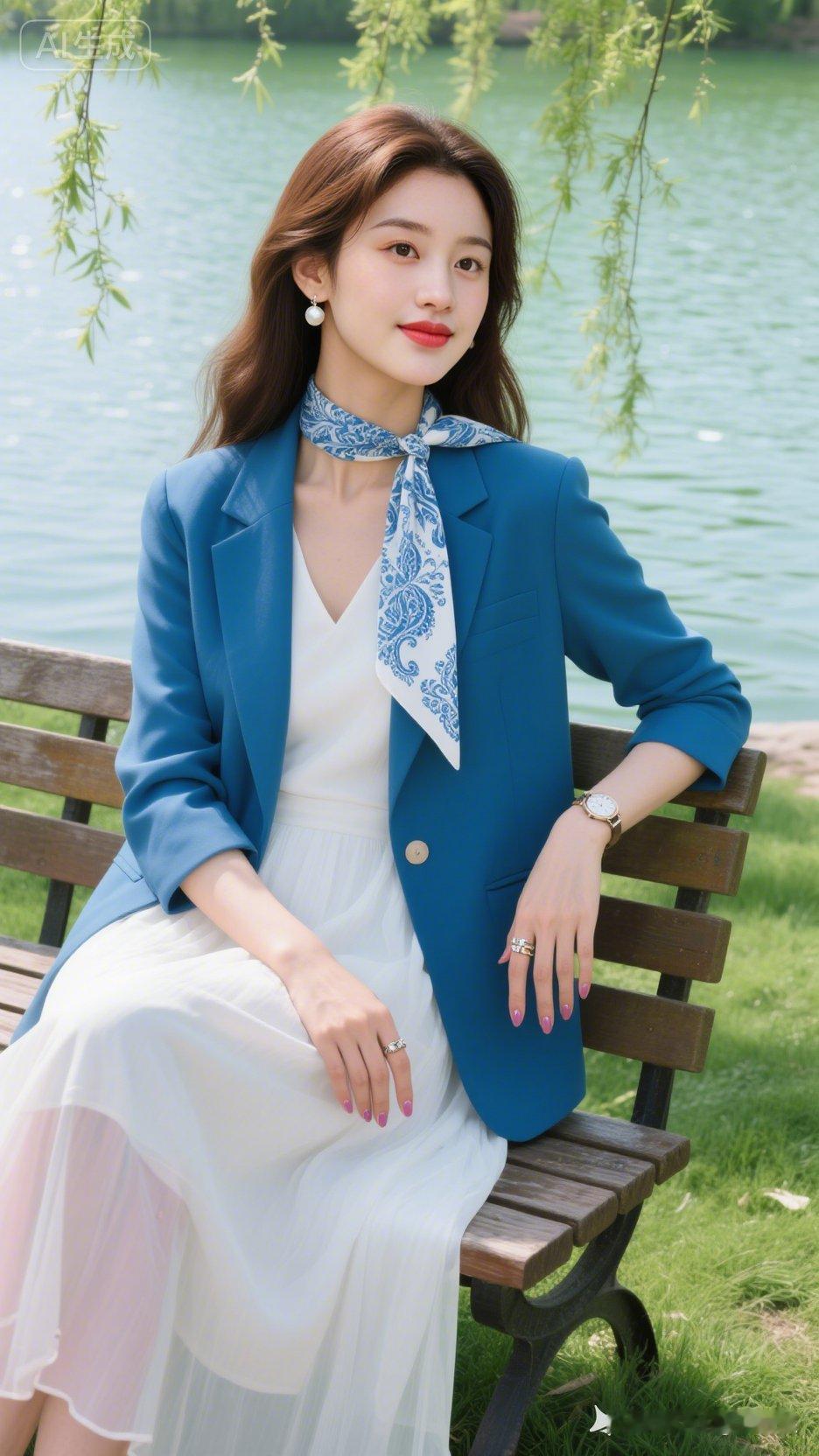春日湖畔氛围感写真，棕发蓬松柔顺，珍珠耳饰点缀。宝蓝短西装搭白纱长裙，佩佩斯利丝