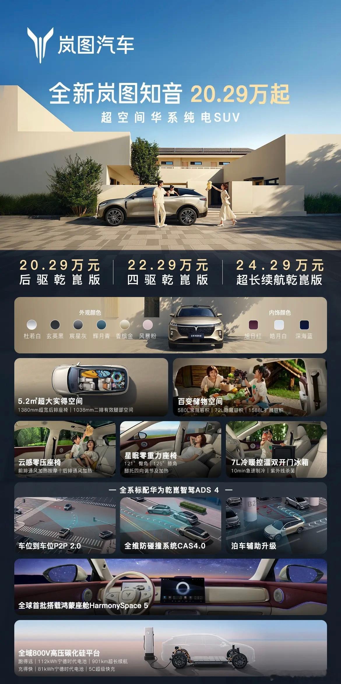 20万满血华为纯电SUV来了 全新岚图知音20.29 万起！推后驱 / 四驱 /