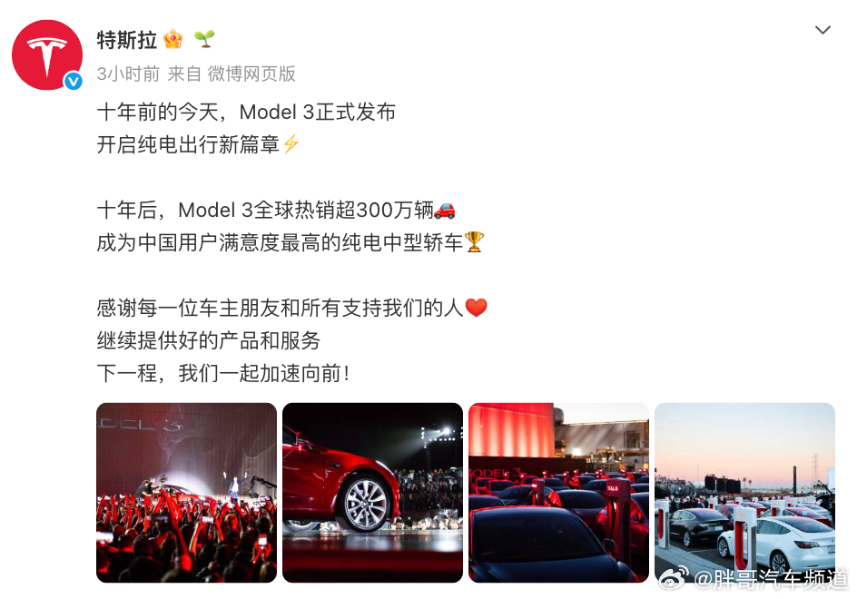 胖哥汽车频道特斯拉Model3发布10周年 特斯拉：十年前的今天，Model 3
