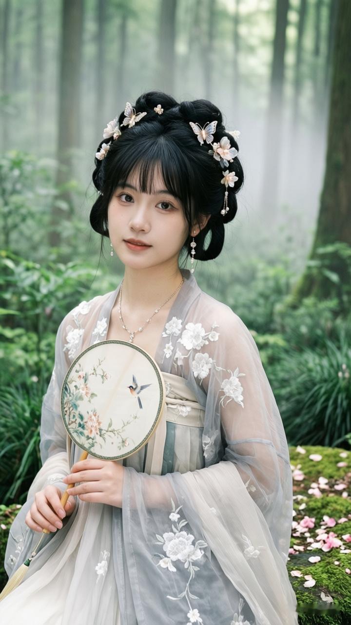 仙气飘飘的森林仙子，手持团扇，花环点缀，宛如画中人。