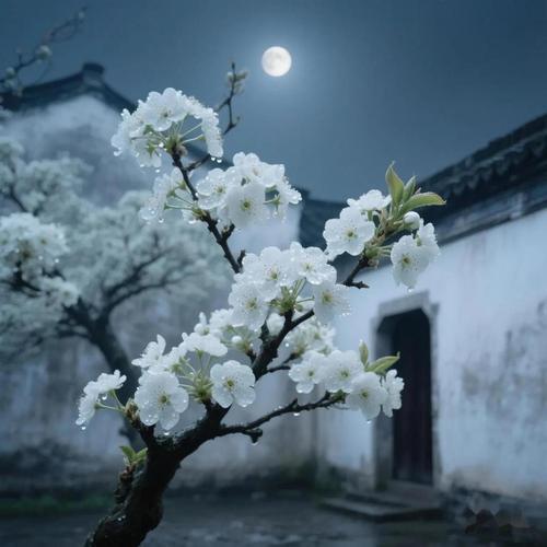 上联：月下梨花一树雪，
下联：亭外古道千年景，
下联：庭前柳色几丝烟。