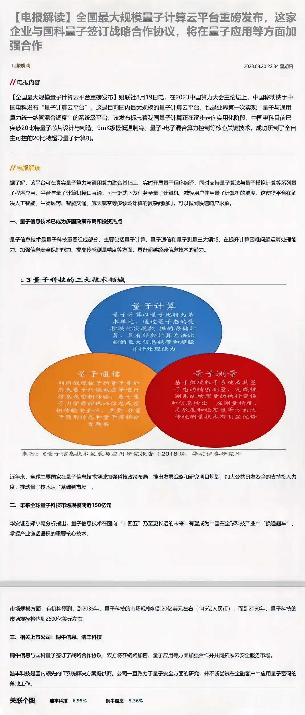 全国最大规模量子计算云平台重磅发布，这家企业与国科量子签订战略合作协议，将在量子