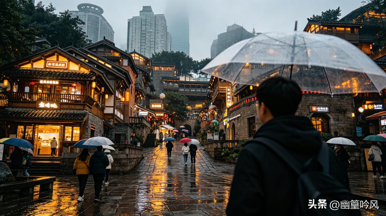 洪崖洞的灯火浸在雨雾里，解放碑街头五颜六色的雨伞缓缓流动，李子坝观景台上，还有工
