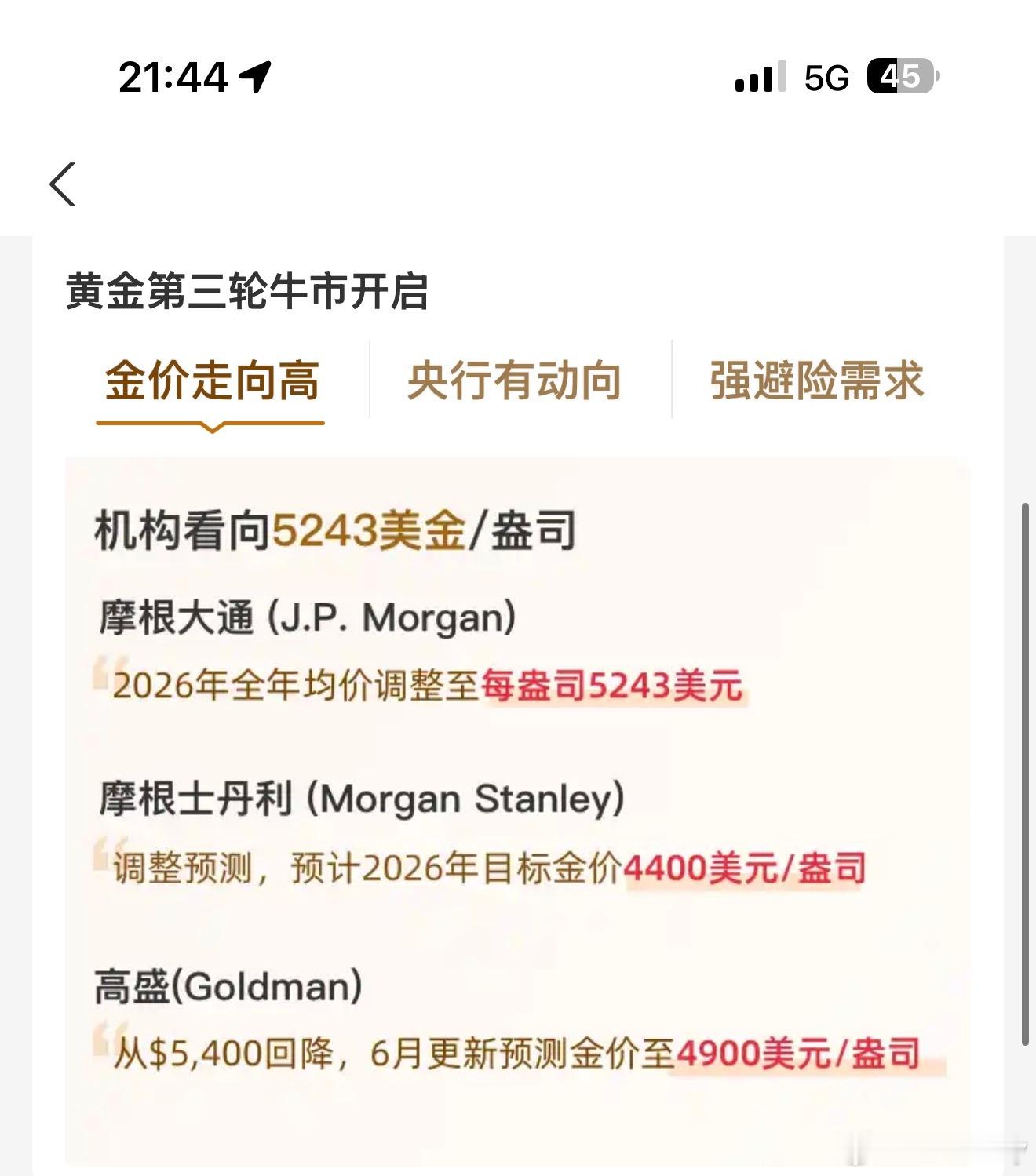 黄金第三轮牛市开启！金价直线拉升了兄弟们！摩根大通将黄金全年均价调整至每盎司52