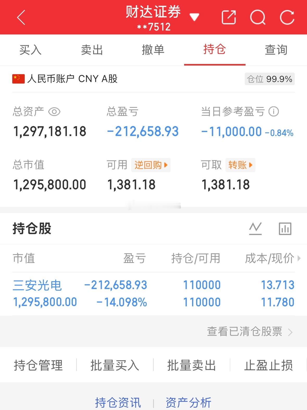 50万全职炒股的第114天总资产1297181当日参考盈亏-11000持仓股：持