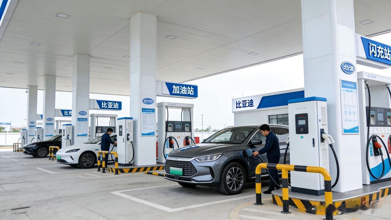 以前聊油电是“谁替代谁”，现在直接变成“油电同站、一起干活”。比亚迪联手传统加油