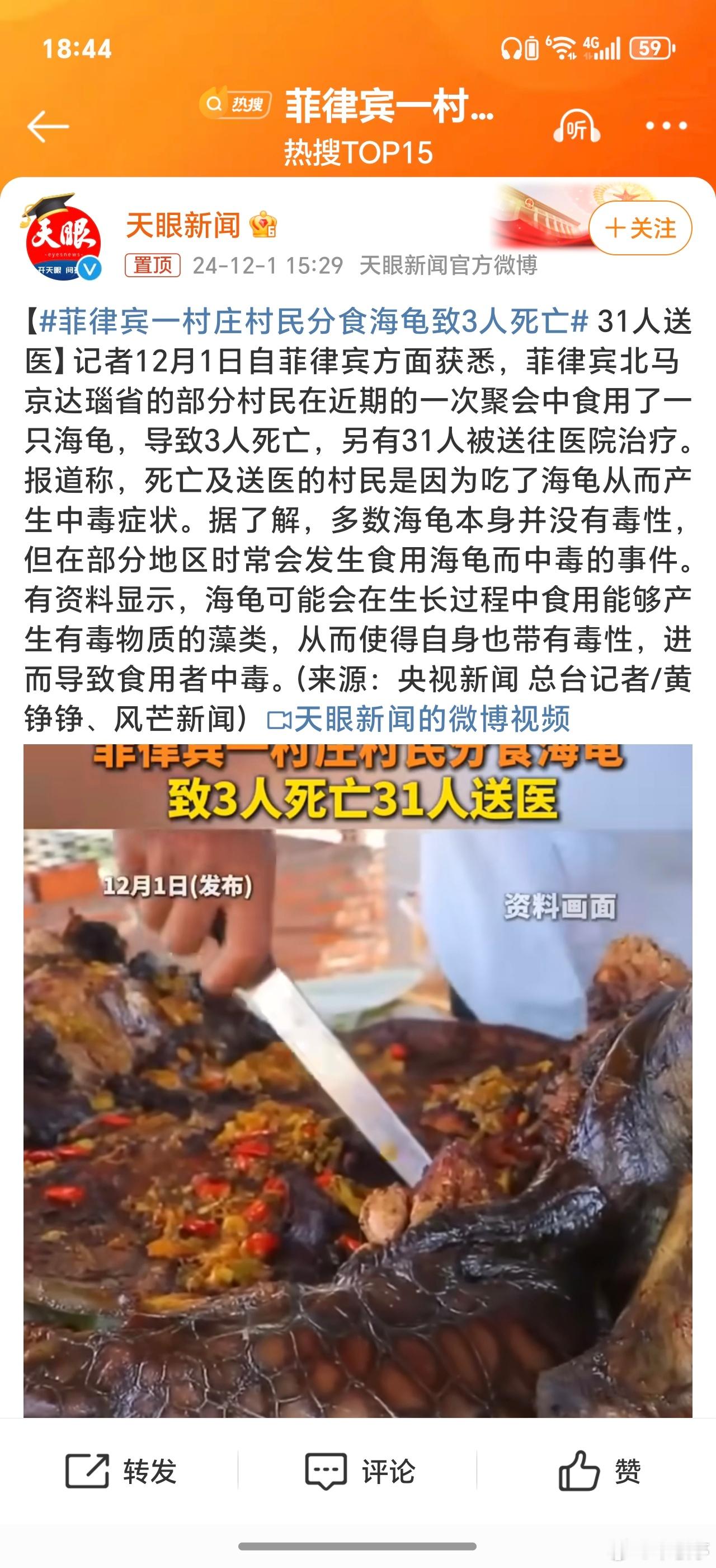 菲律宾一村庄村民分食海龟致3人死亡 这种真的活该，什么野味都敢吃[黑线]。 