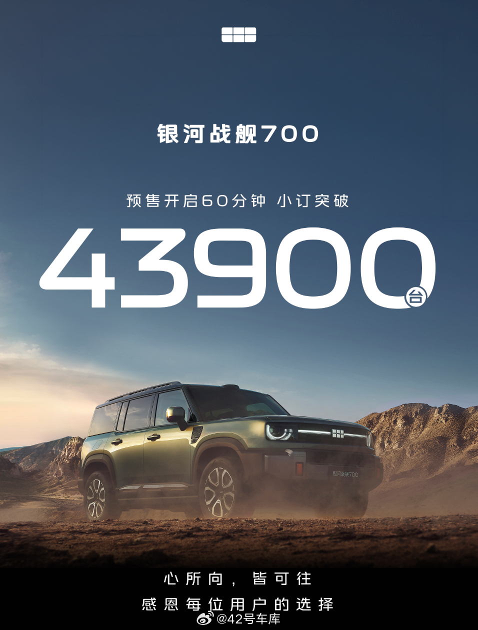 银河战舰700预售价19.98万元起 看来这价格很吸引人啊，9 分钟小订 1 万