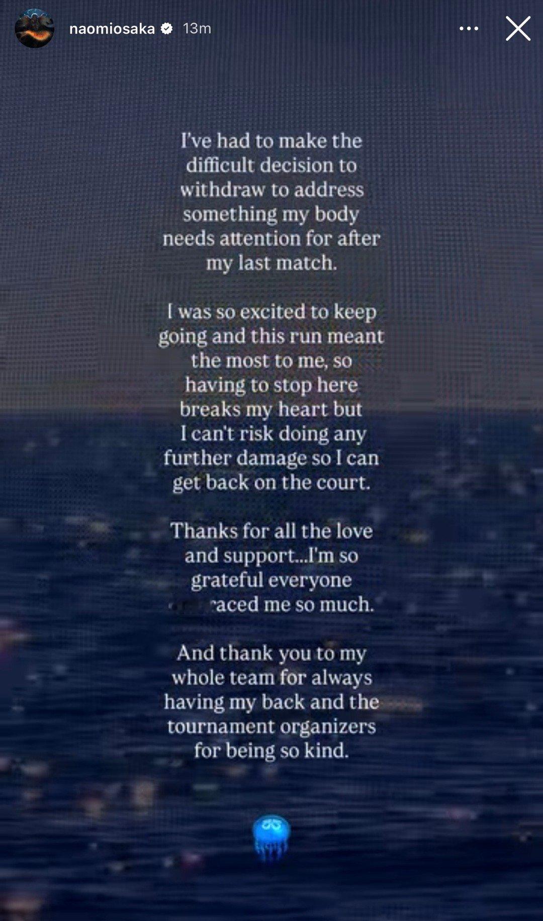 我真的跟着一起碎了💔 大坂直美选择了退赛，看小作文没提及具体的物理伤病，比较有
