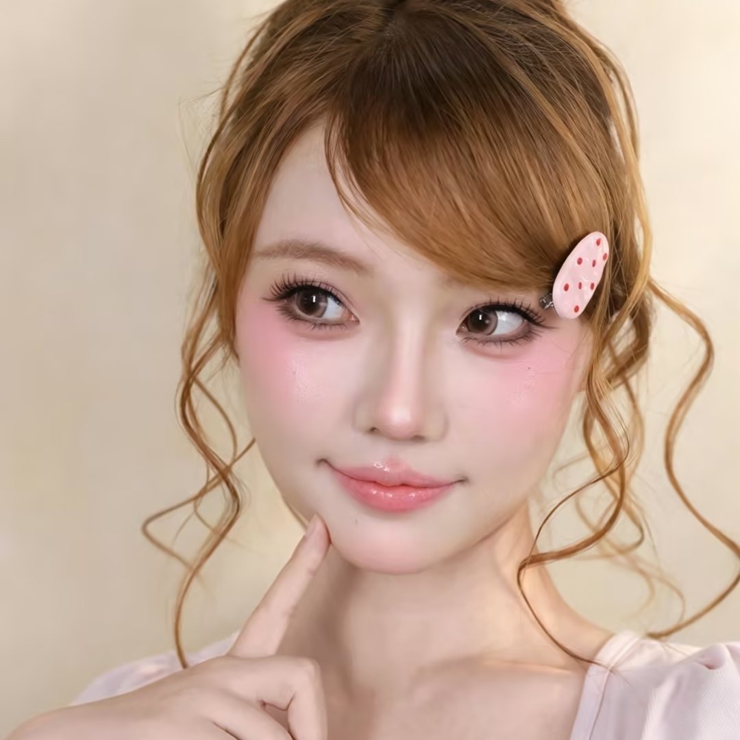 草莓甜妹丸子头，粉嘟嘟蜜桃幼态妆焦糖棕卷发丸子头也太有少女感啦!蓬松凌乱发包+龙