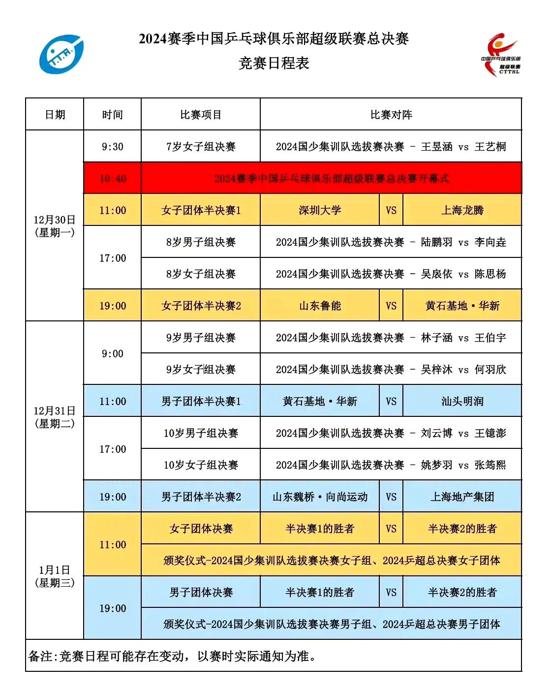 乒超联赛第二阶段赛程出炉！
乒超联赛 第二阶段比赛将于2024年12月30日至2