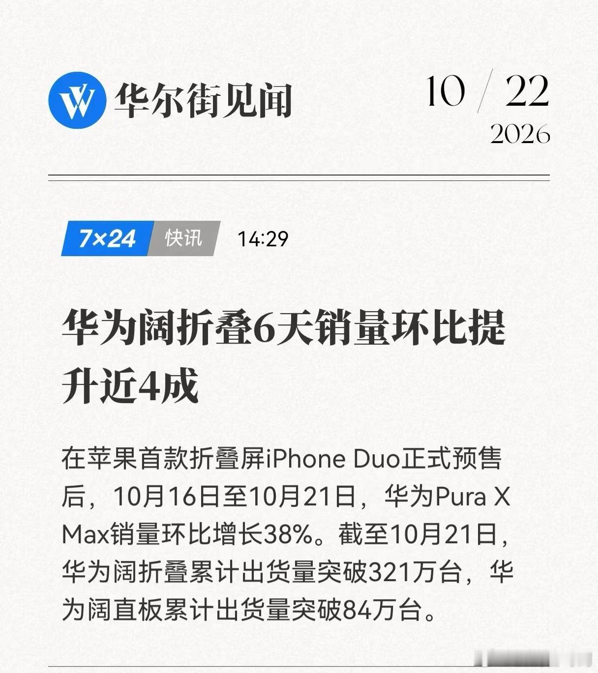 华为PuraXMax 6天销量环比提升近4成，华为阔折叠累计出货量突破321万台