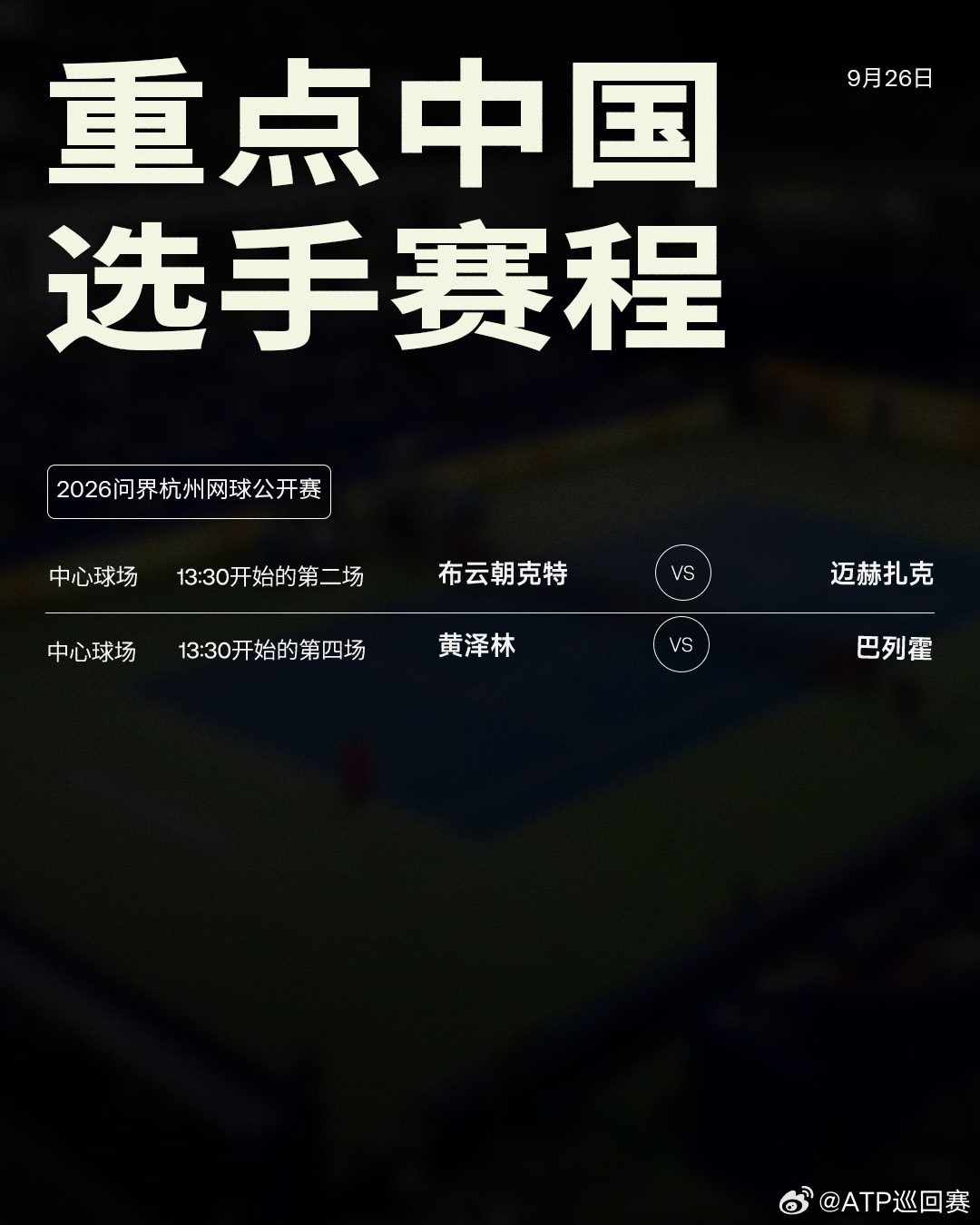 📅今日赛程如下，两站ATP250赛事继续第二轮的争夺，拉沃尔杯进入第二比赛日：