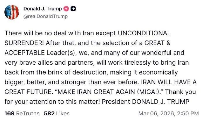 美军将死战不休？特朗普要“让伊朗再次伟大”：必须无条件投降

当地时间3月6日，