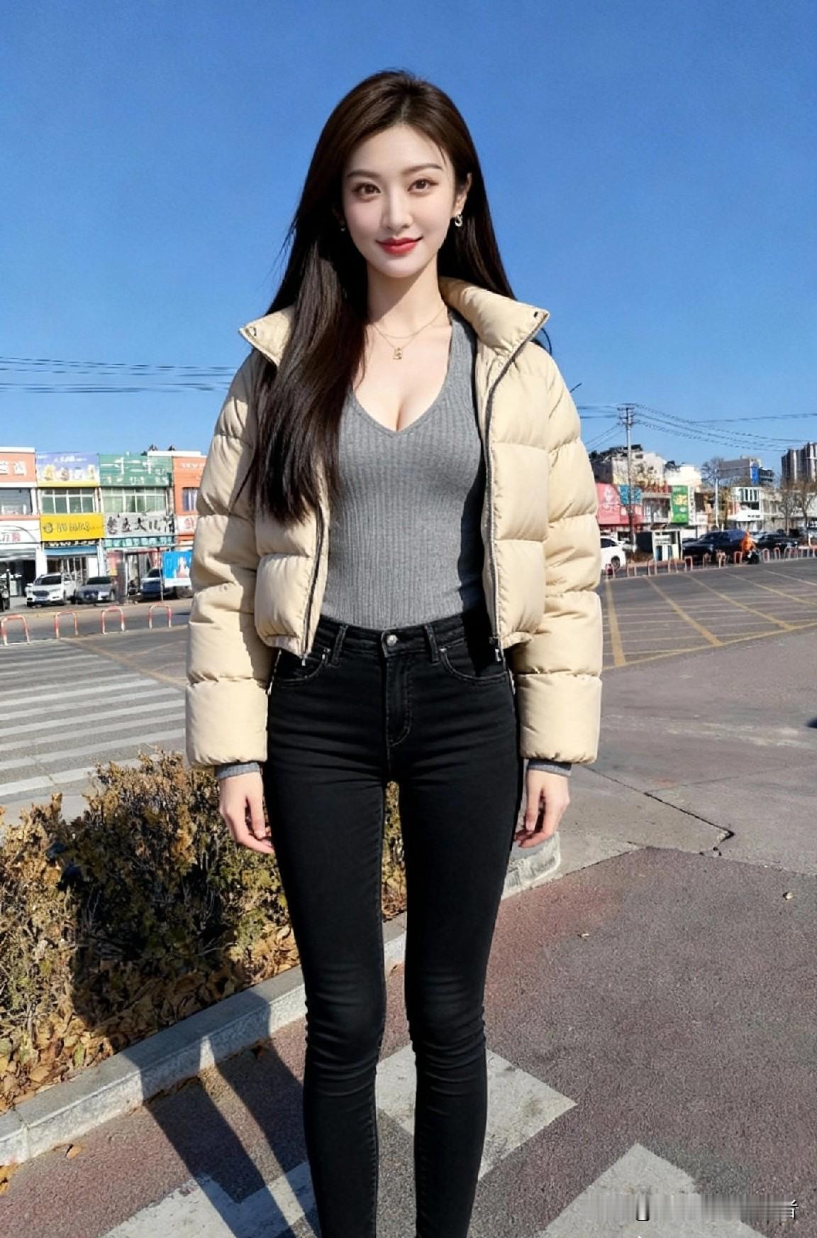 美女的穿搭简约且年轻时尚，给人一种朝气蓬勃的感觉。