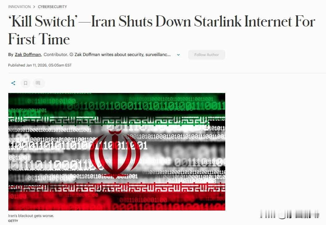 关闭网络的同时，伊朗政府部署了军用干扰器，直接降低了星链90%的联系
来源：福布