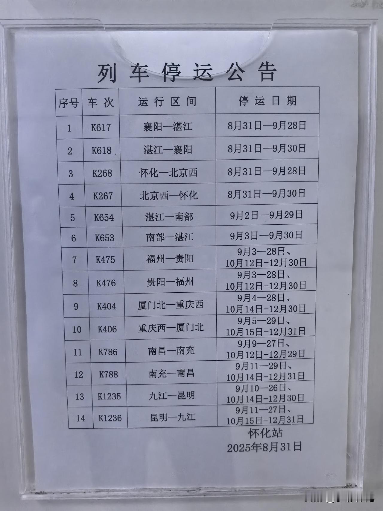 暑运结束，国庆节见。怀化火车站最新停运车次及停运时间。