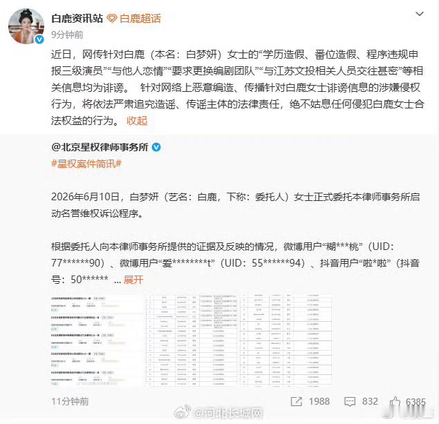 【白鹿方辟谣学历番位等传闻】白鹿方回应与他人恋情传闻 6月12日，发文：近日，网