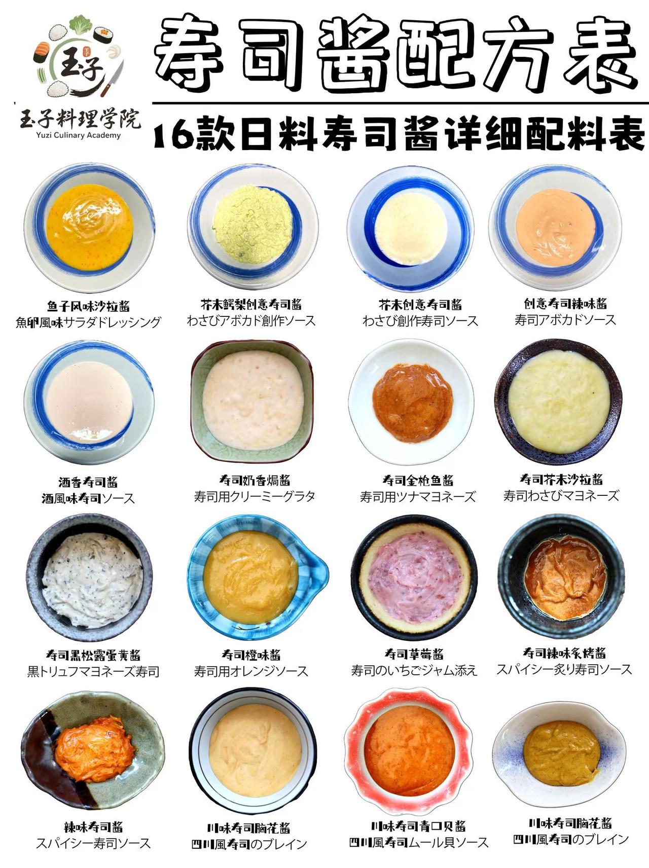 寿司酱汁配方表 玉子料理学院寿司培训课程。今天给大家展示的是：鱼子风味沙拉酱，芥