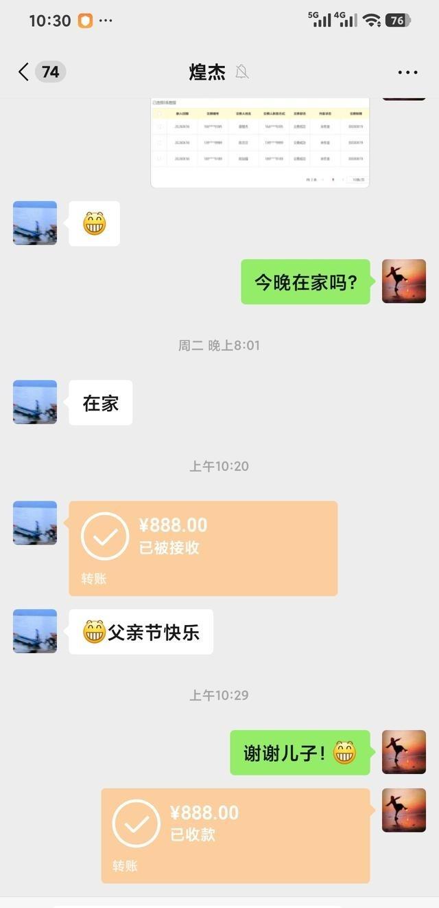 儿子今天突然给我发父亲节祝福，给我整懵了，这小子平时连个消息都懒得回。当爹的都懂