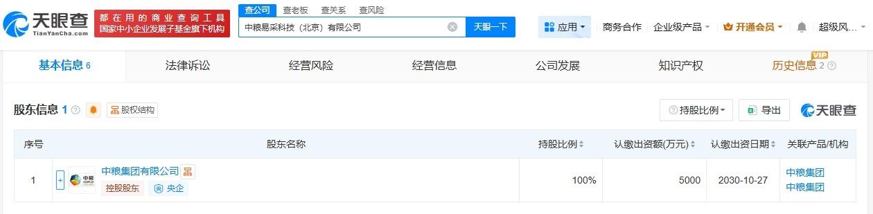中粮集团在北京成立易采科技公司注册资本5000万
天眼查App显示，近日，中粮易