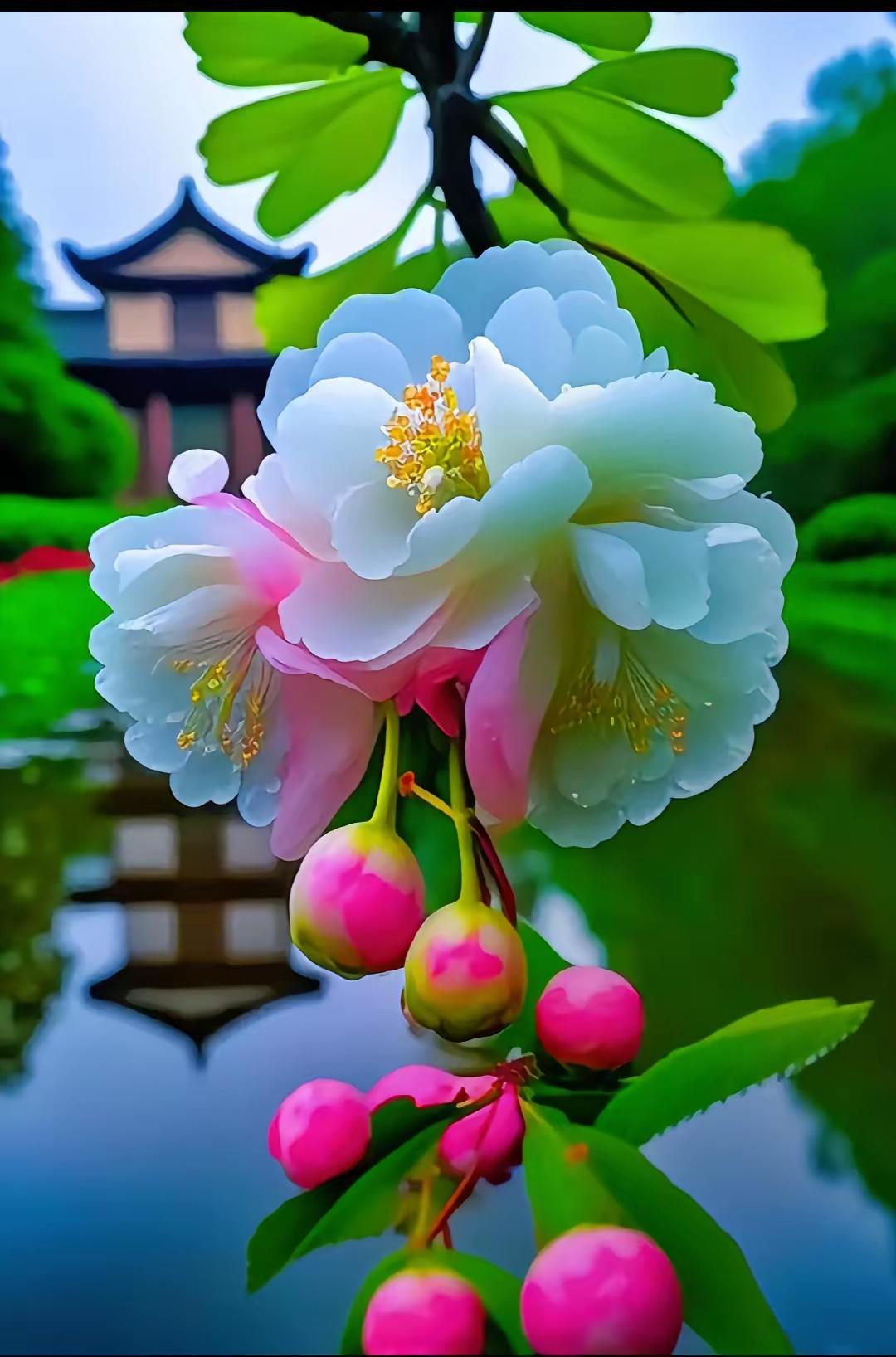 粉花映碧水，古韵入画来。