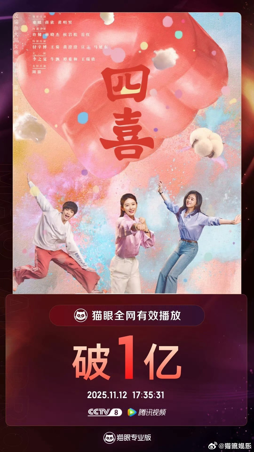 据猫眼专业版数据，电视剧《四喜》有效播放量破亿！ 