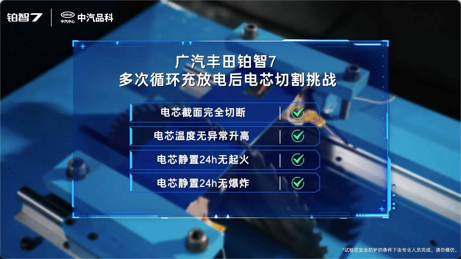 最近中汽中心对丰田铂智7的极端工况测试结果引发关注，尤其是电芯切割实验的表现——