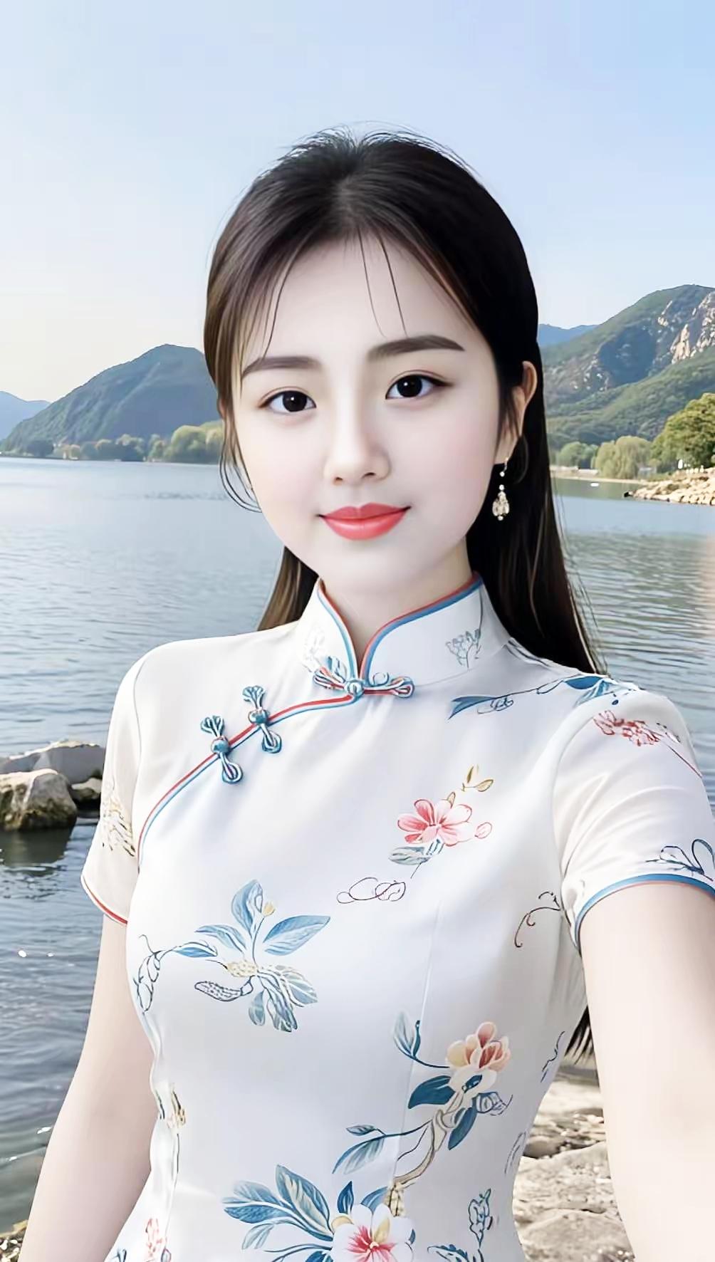 在山水间，穿旗袍的少女与自然融为一体