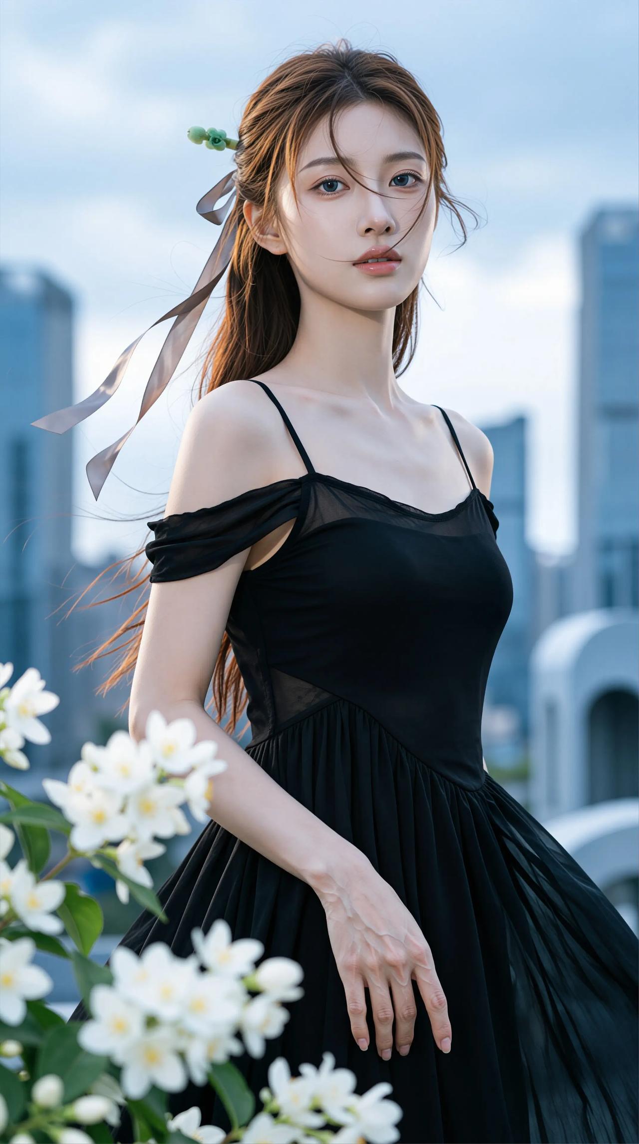 如何拍出女朋友最美一面? 都市少女风，黑色连衣裙，优雅气质，花丛中的时尚。