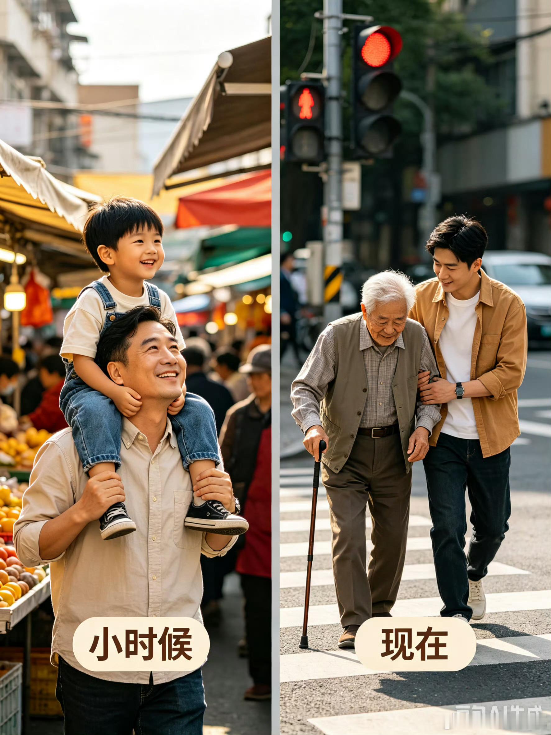 【小时候 vs 现在】小时候，他的肩膀是你看世界的高台；现在，你扶他过马路教他用