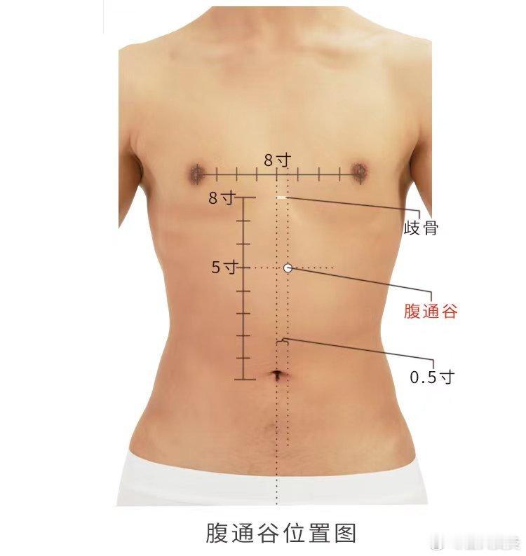  腹通谷穴精准取穴：在上腹部，脐中上5寸，前正中线旁开0.5寸。功效：健脾和胃，