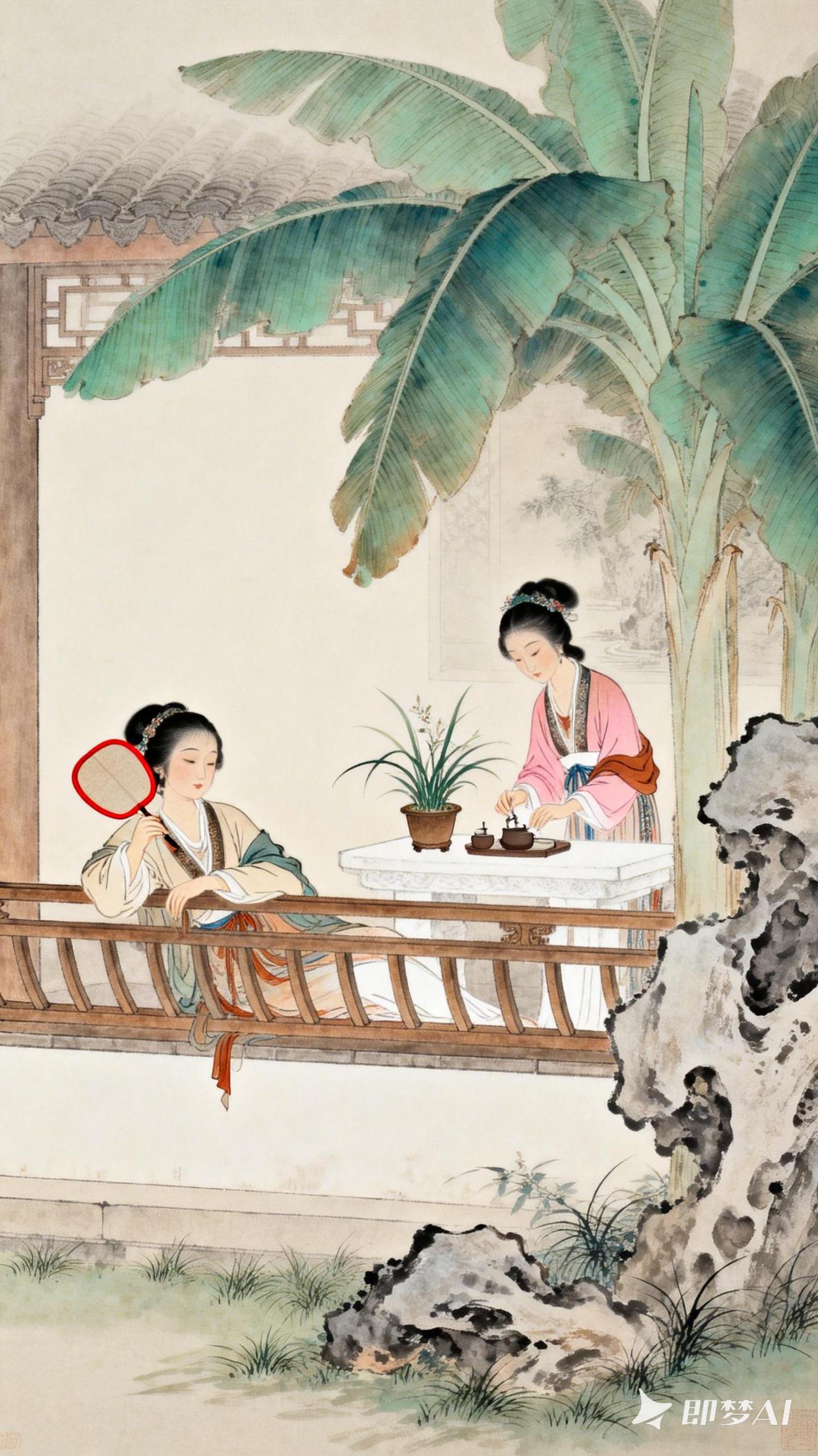 蕉荫茶韵仕女图
工笔细描的庭院时光里，芭蕉叶缘垂落清响，竹影在石台上轻轻晕开。执