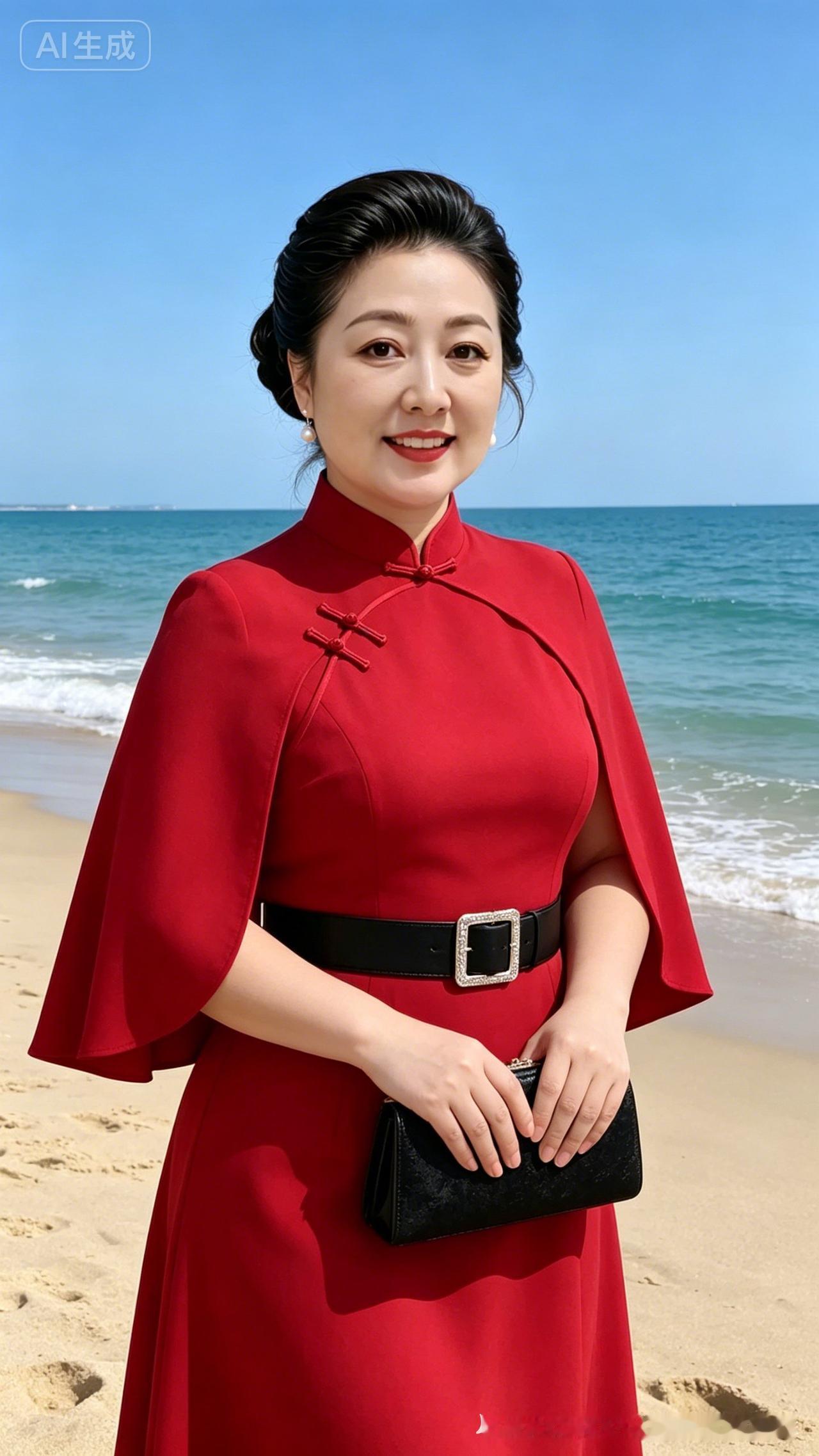 海边红衣美人，优雅气质满满！🌊💃